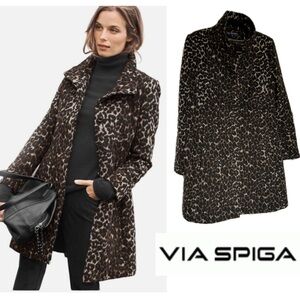 Via Spiga Brown and Black Leopard Print Pea Coat